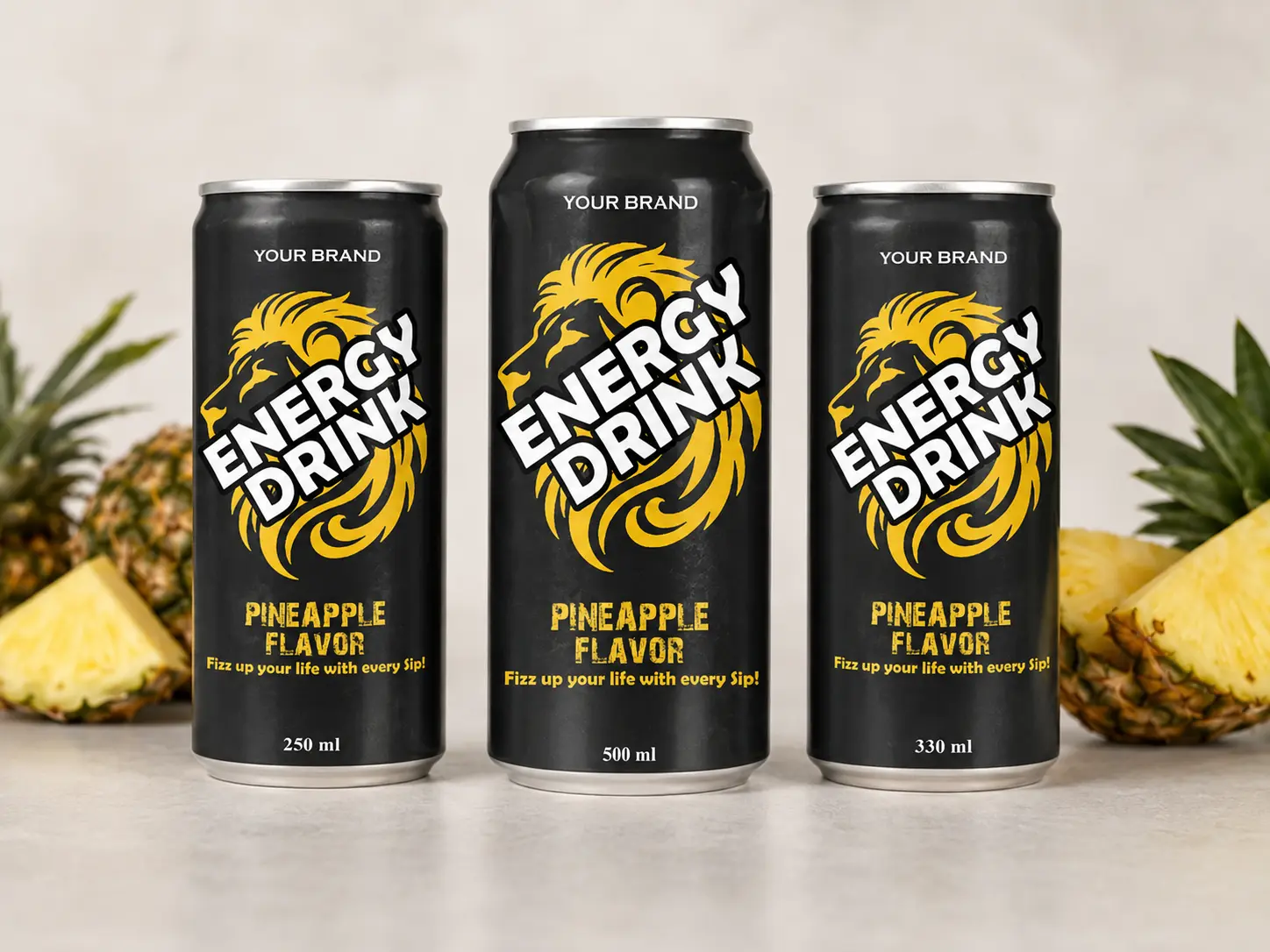 ENERGY DRINK Pineapple Flavor 250ml, 500ml and 330ml cans.